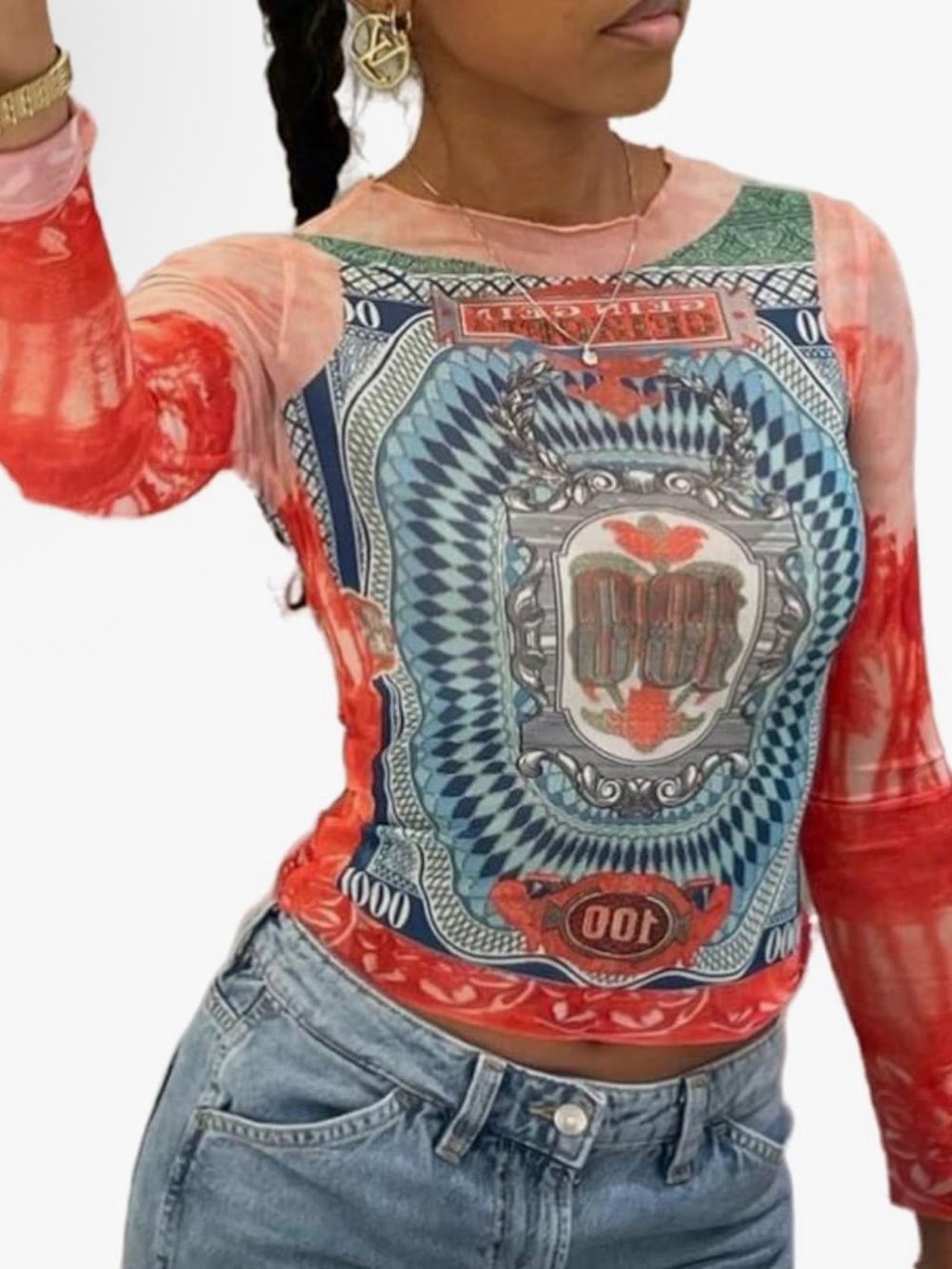 Red Graphic Long-Sleeve Printed Mesh Tee